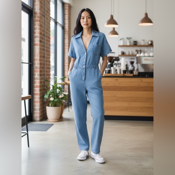 NWOT ZARA Z1975 LONG DENIM JUMPSUIT  Blue Medium Bloggers Fave Linen Blend - Picture 1 of 16